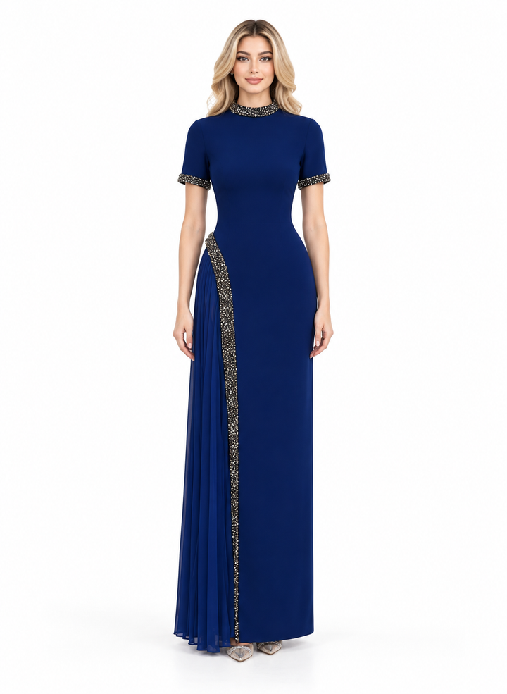Crystal Trim Draped Gown - Sapphire