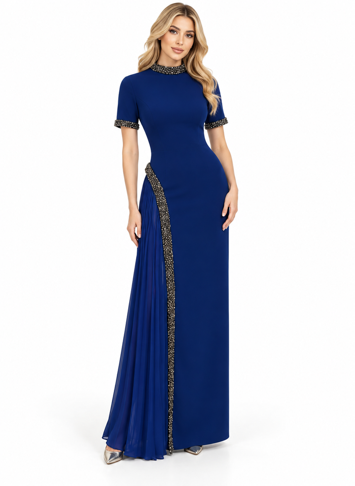 Crystal Trim Draped Gown - Sapphire