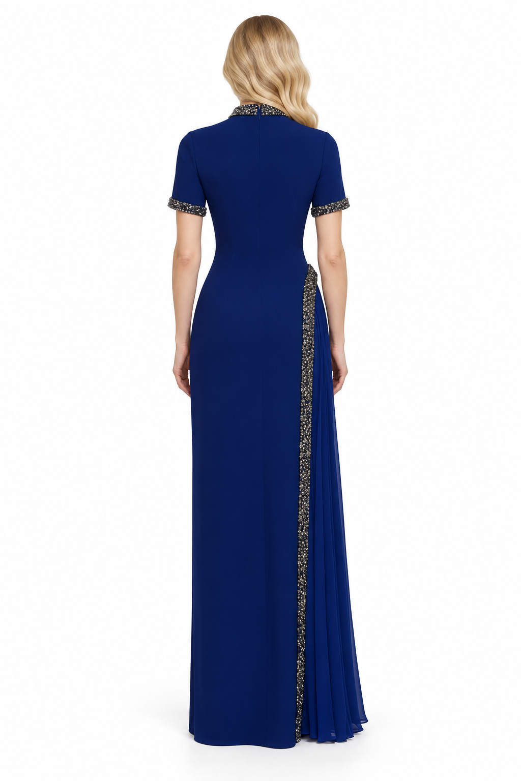 Crystal Trim Draped Gown - Sapphire