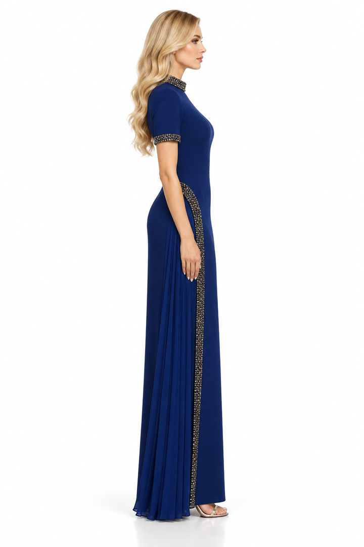 Crystal Trim Draped Gown - Sapphire