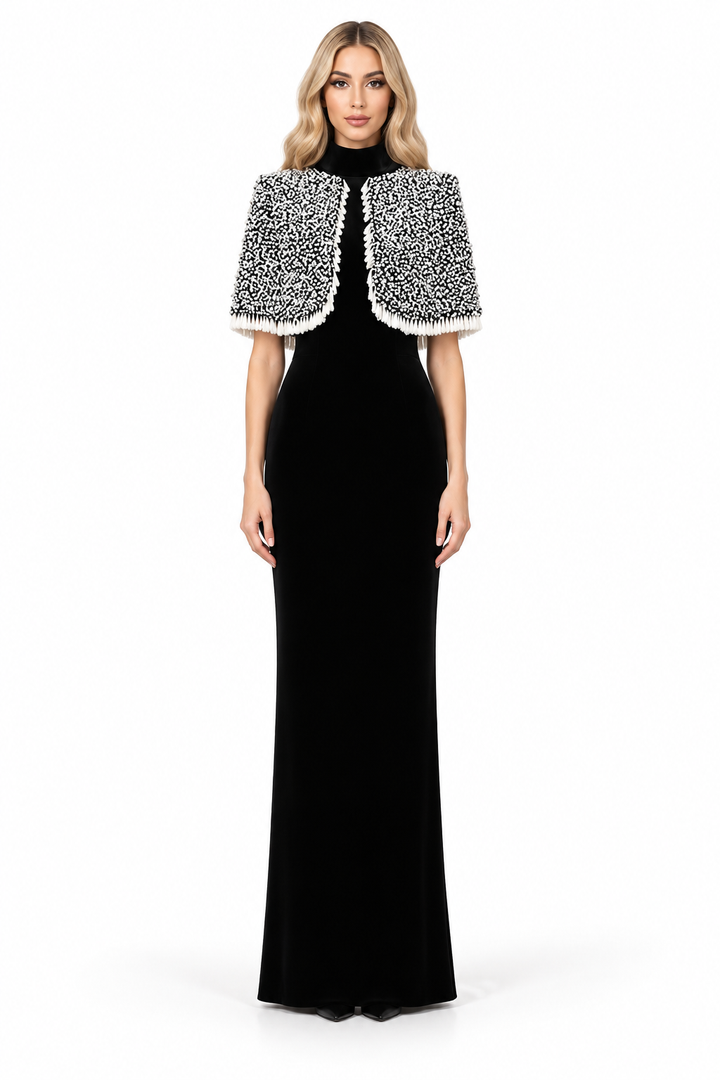 Embellished Cape Column Gown - Noir