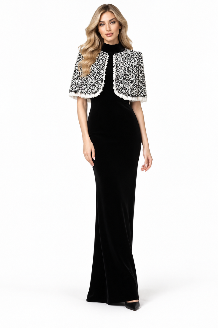 Embellished Cape Column Gown - Noir