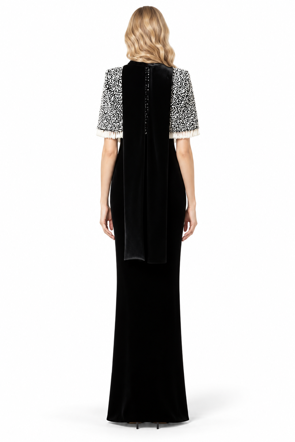 Embellished Cape Column Gown - Noir
