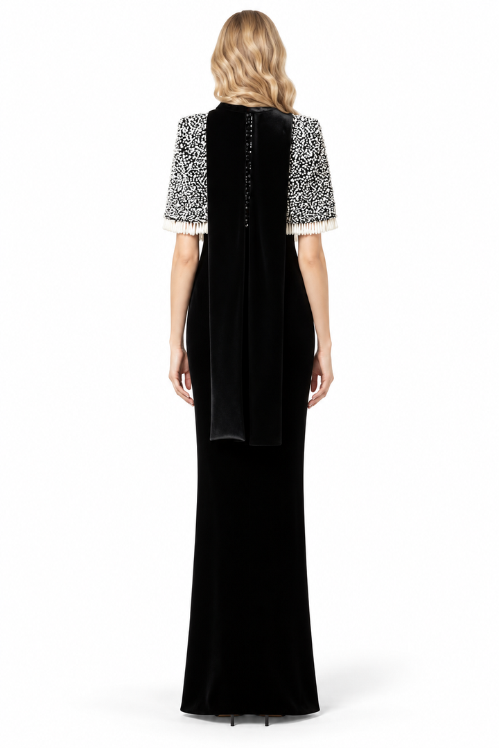 Embellished Cape Column Gown - Noir
