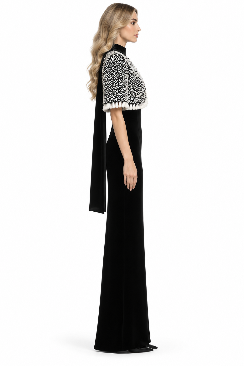 Embellished Cape Column Gown - Noir