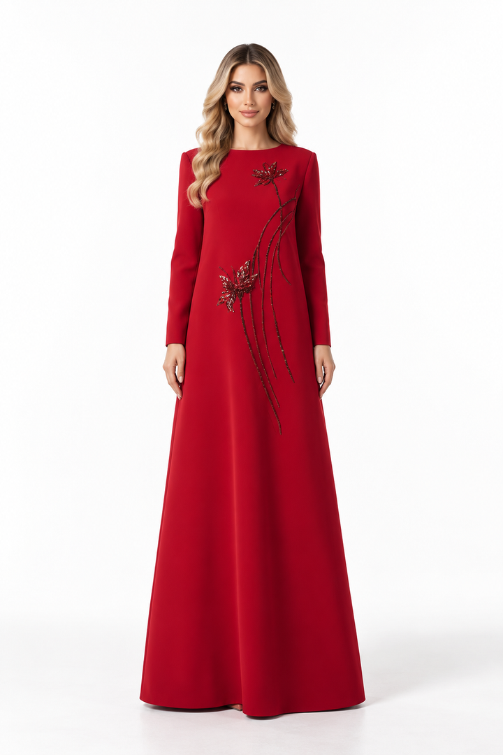 Floral Embellished A-Line Gown - Scarlet