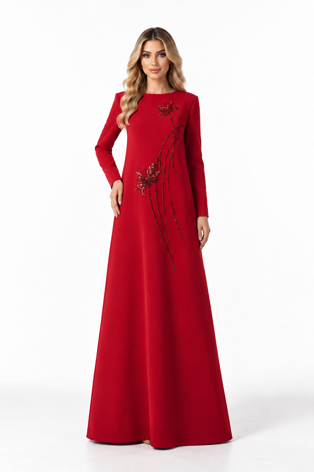 Floral Embellished A-Line Gown - Scarlet