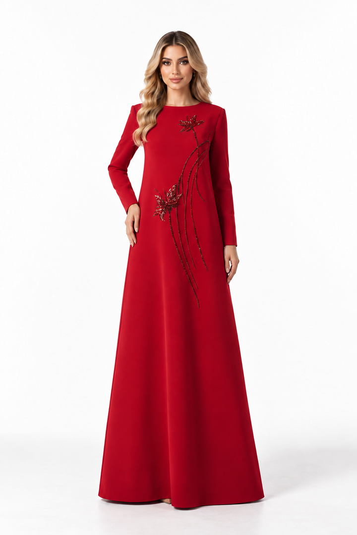 Floral Embellished A-Line Gown - Scarlet