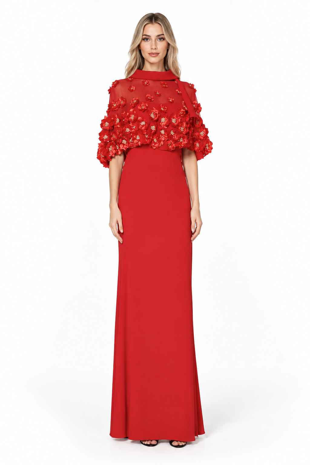 3D Floral Cape Gown - Scarlet