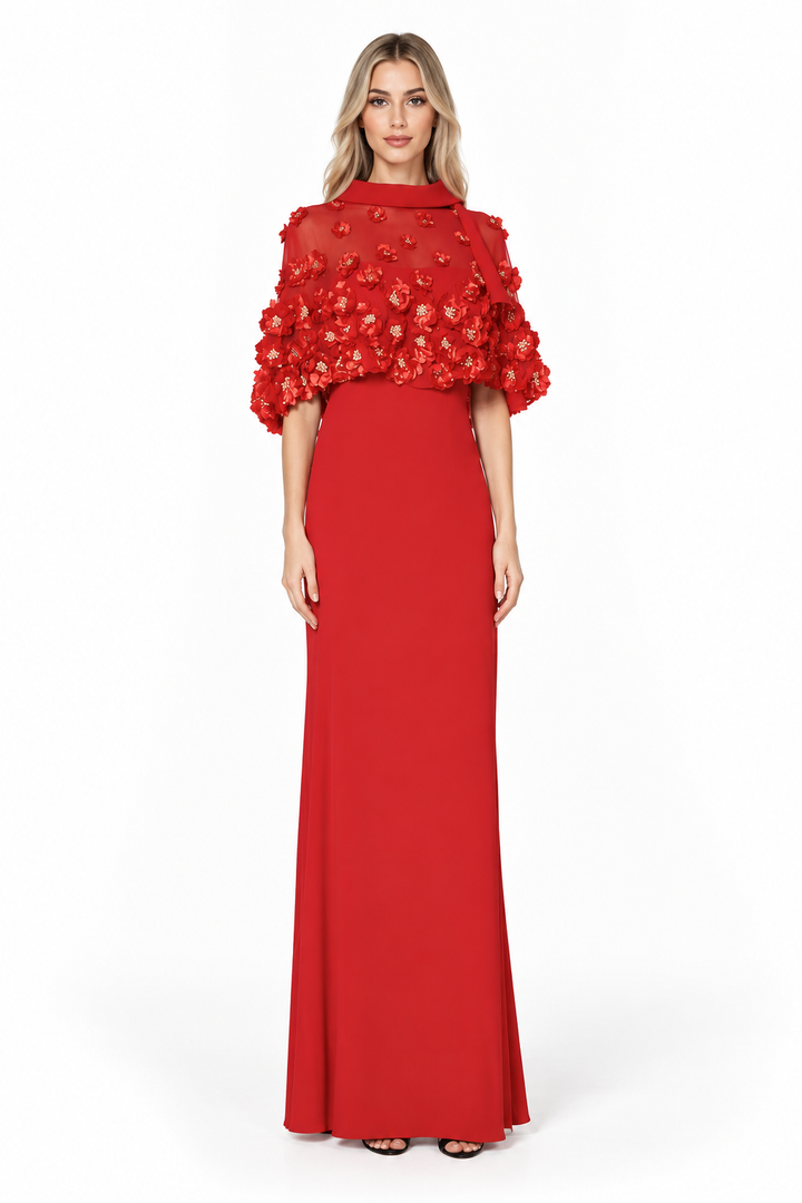 3D Floral Cape Gown - Scarlet