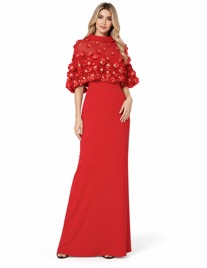 3D Floral Cape Gown - Scarlet
