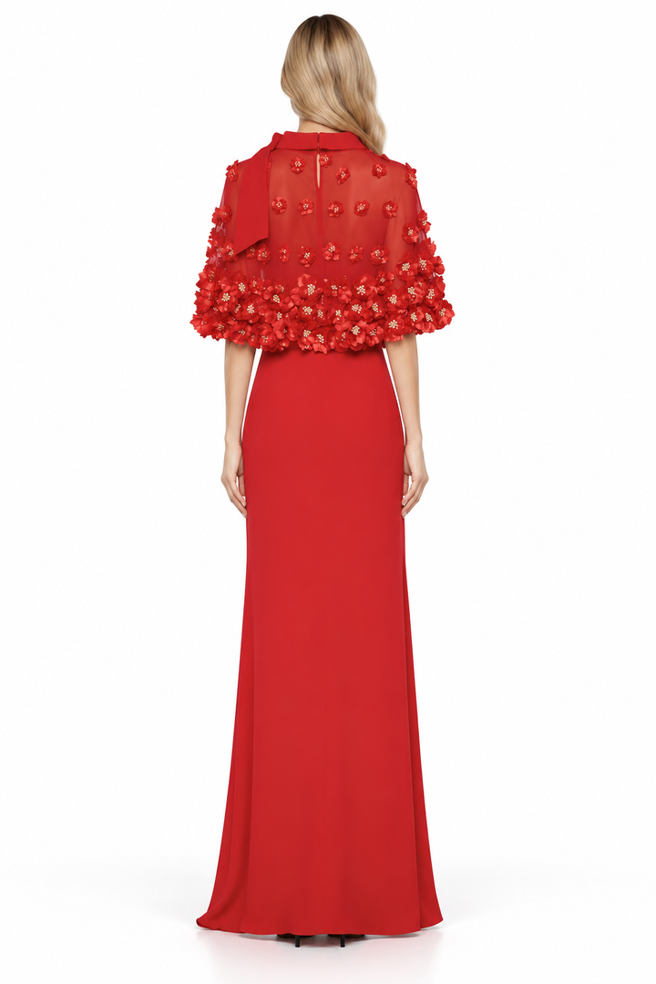 3D Floral Cape Gown - Scarlet