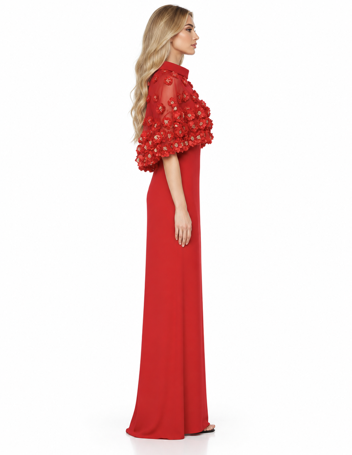 3D Floral Cape Gown - Scarlet