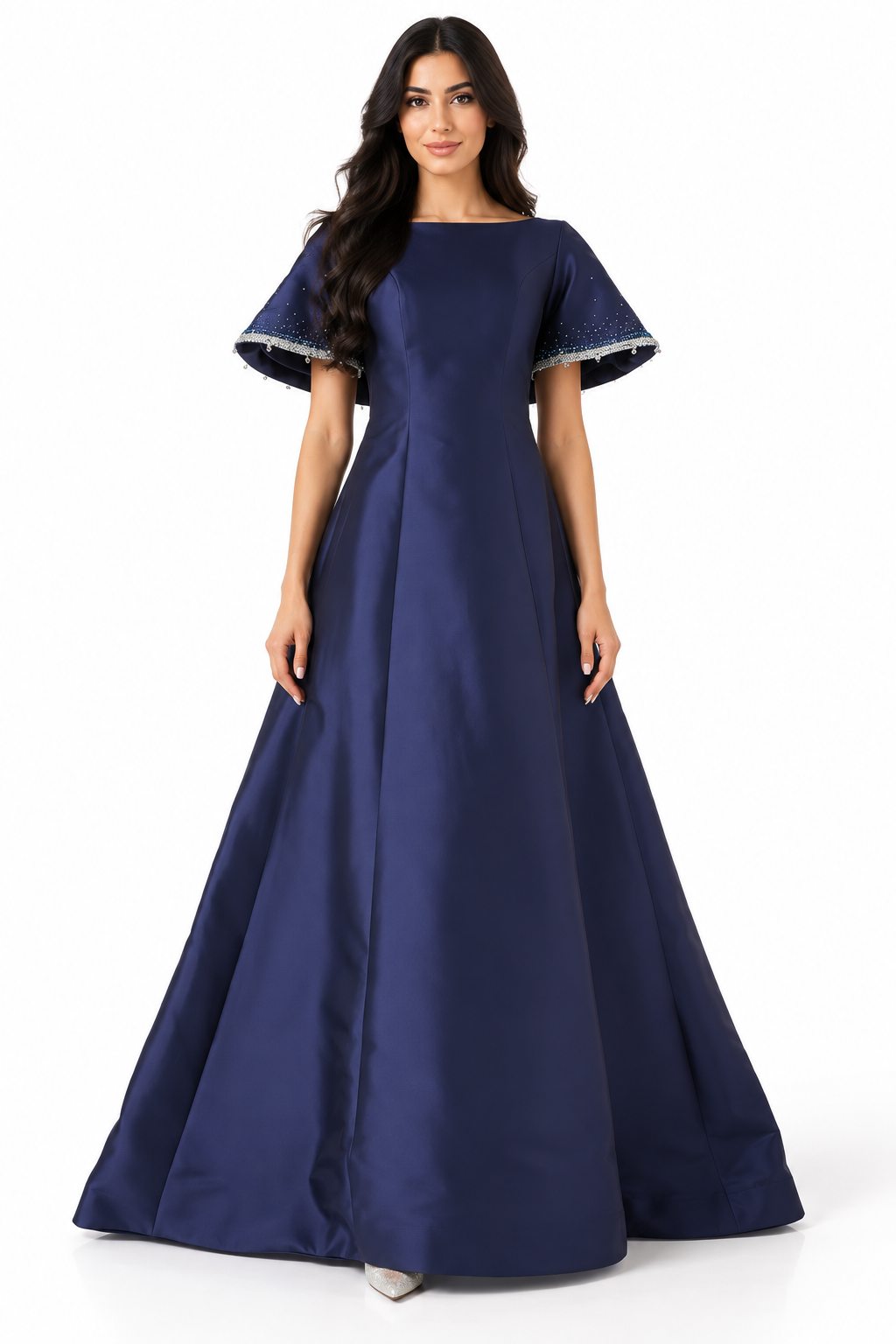 Embellished Cape Sleeve Gown - Midnight