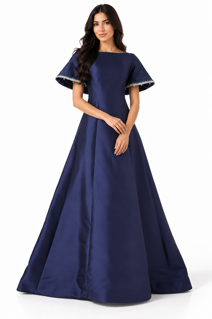 Embellished Cape Sleeve Gown - Midnight