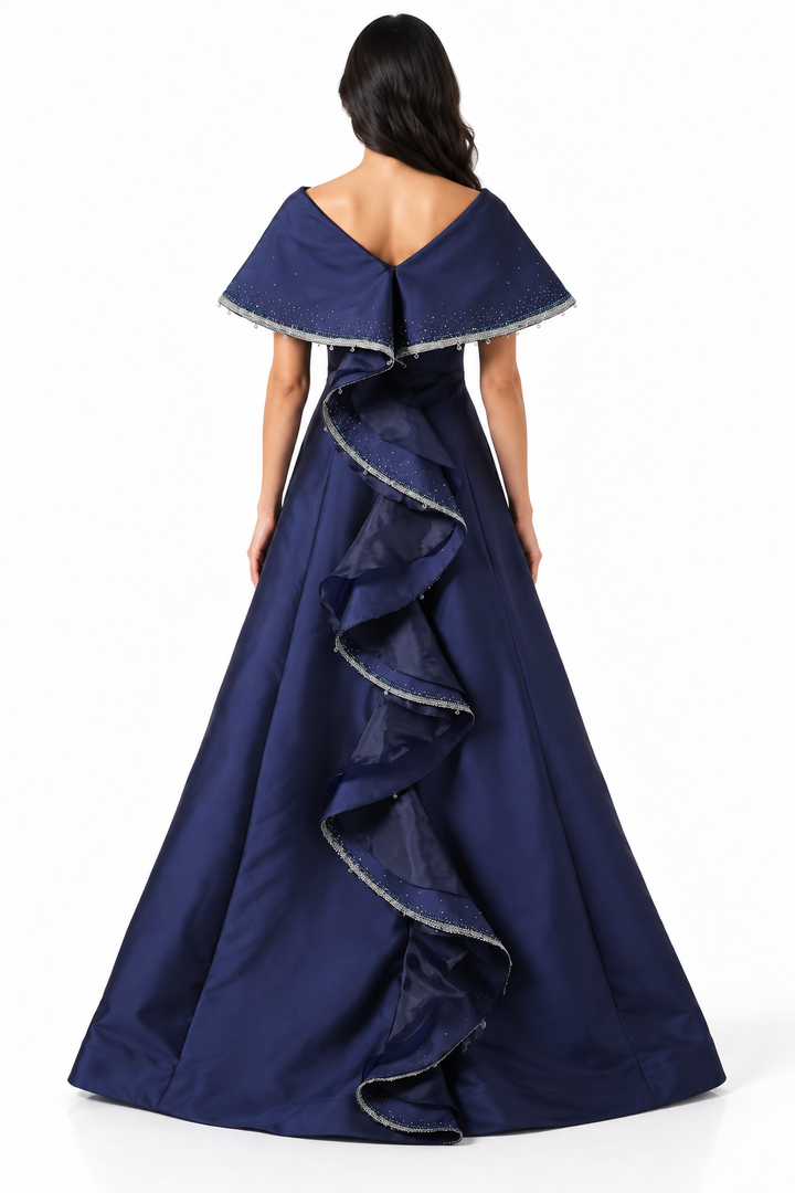 Embellished Cape Sleeve Gown - Midnight