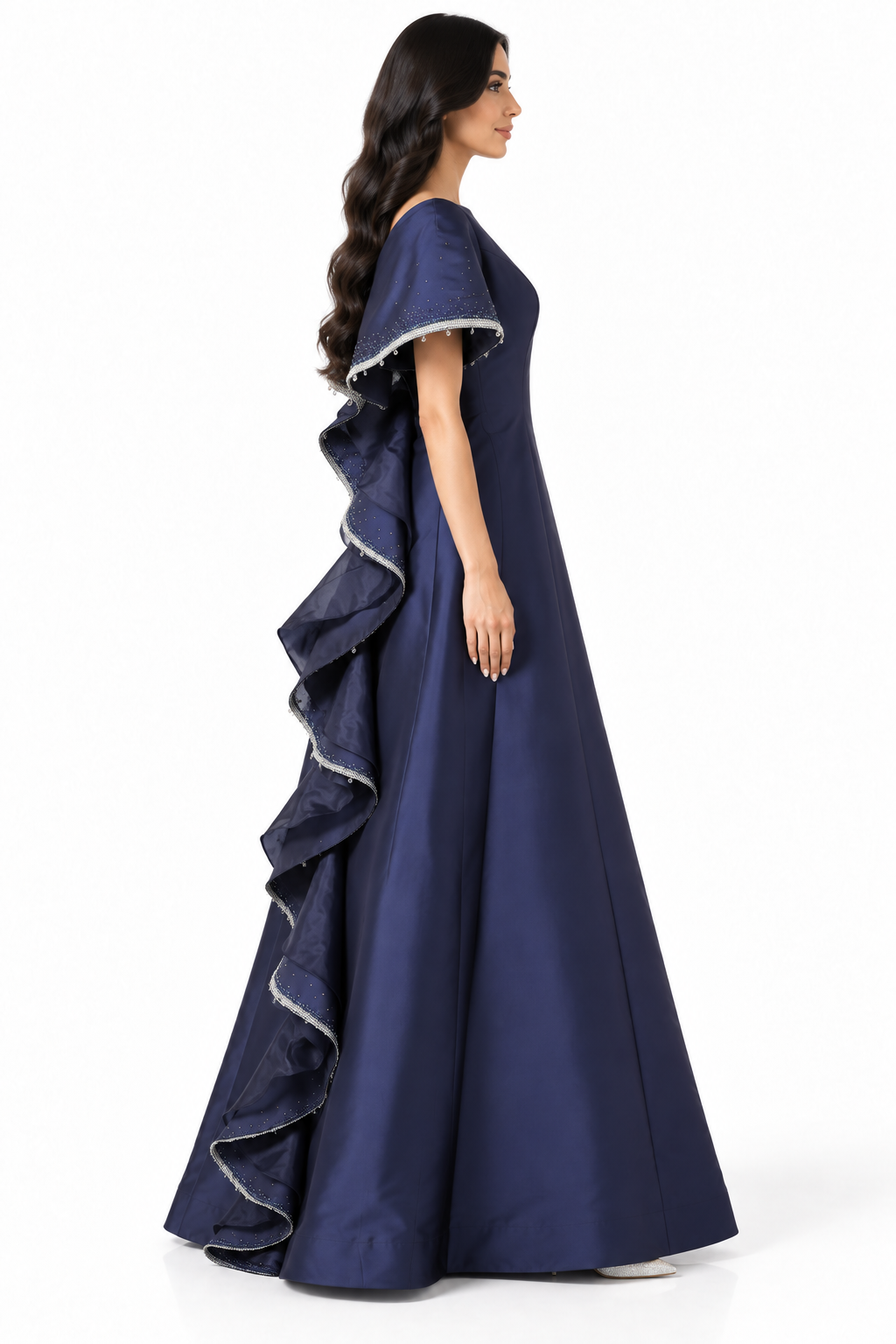 Embellished Cape Sleeve Gown - Midnight