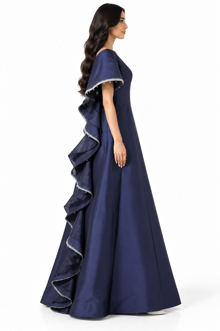 Embellished Cape Sleeve Gown - Midnight