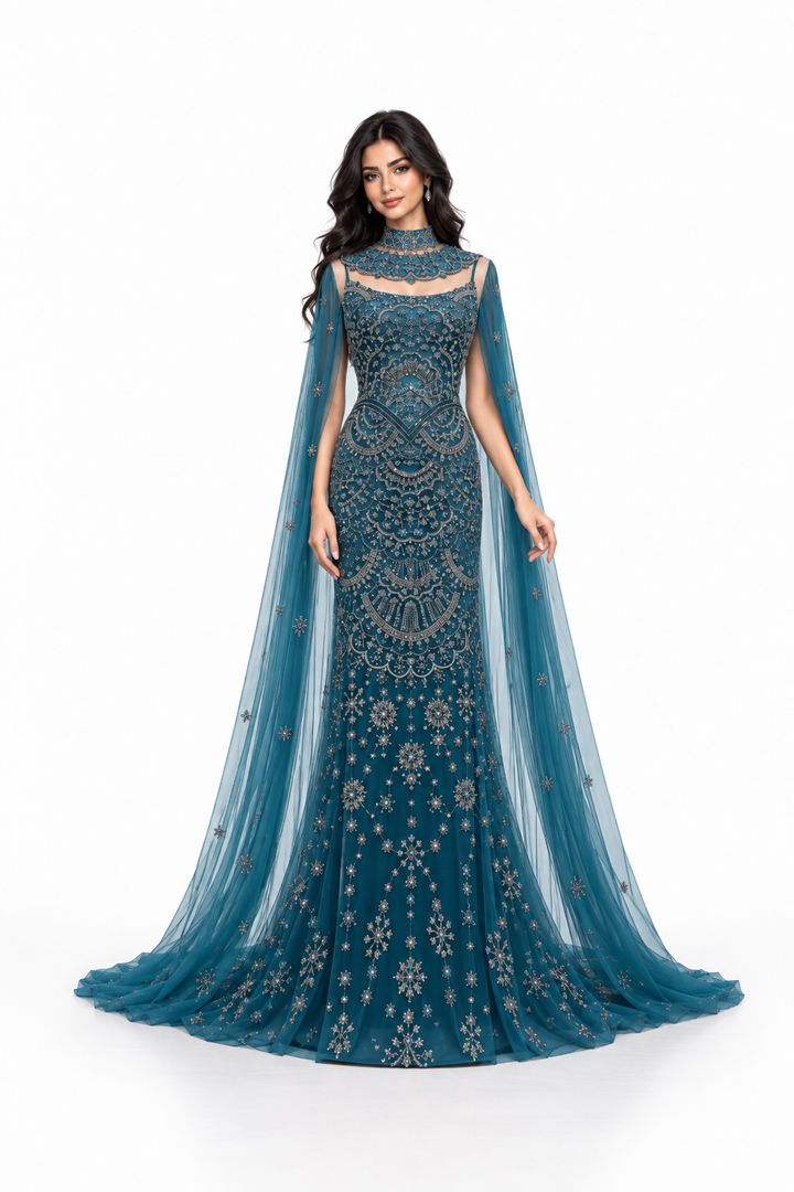 Embellished Cape Mermaid Gown - Teal