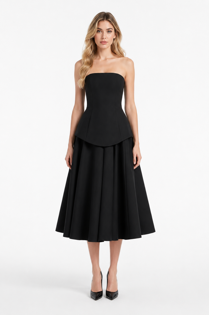 Strapless Peplum A-Line Midi Dress – NOIREVA