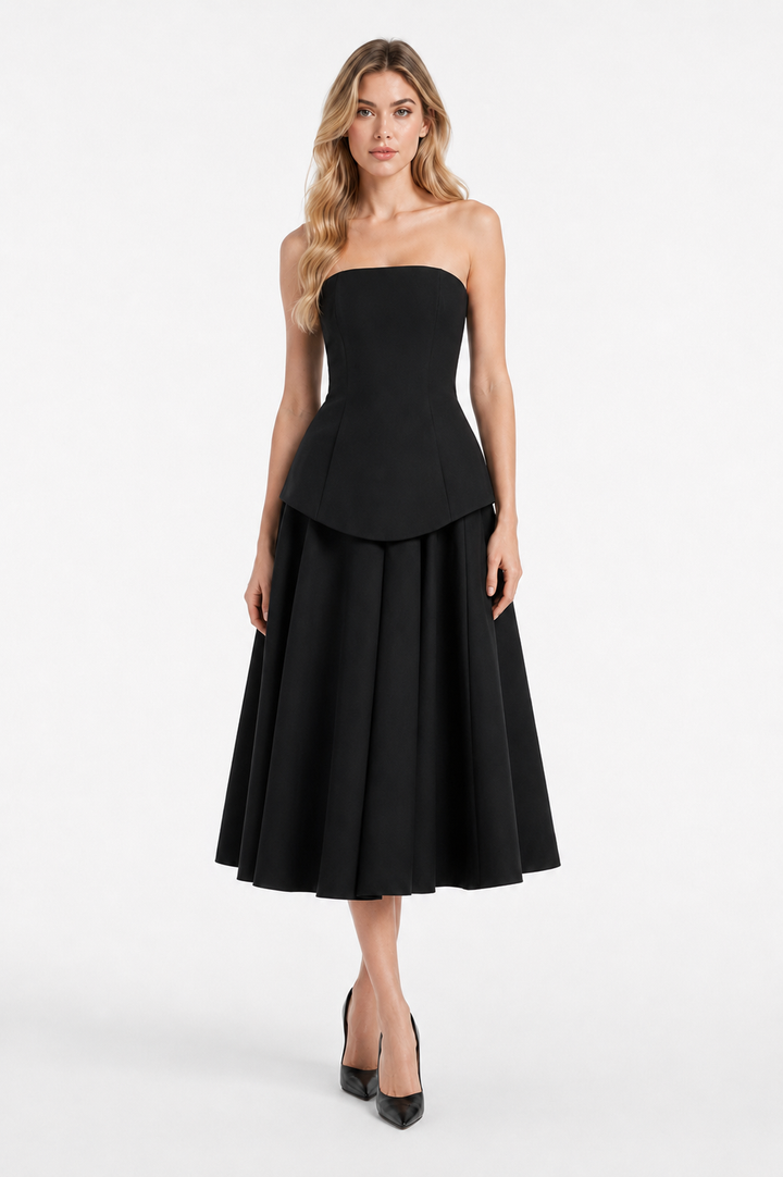 Strapless Peplum A-Line Midi Dress – NOIREVA