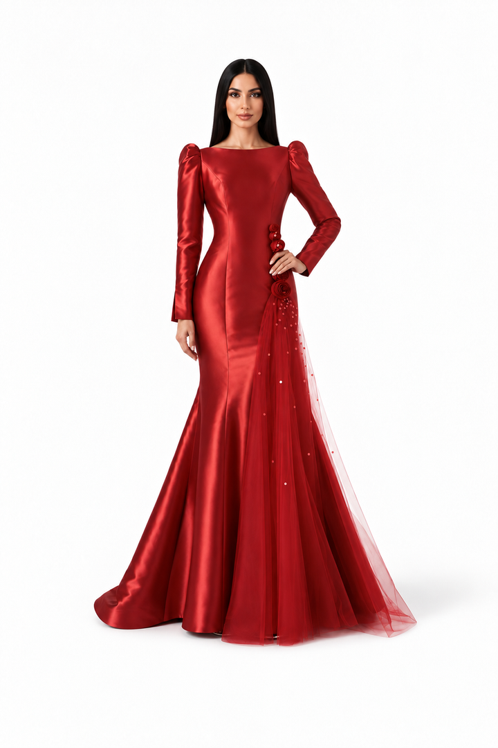 Floral Tulle Mermaid Gown - Scarlet