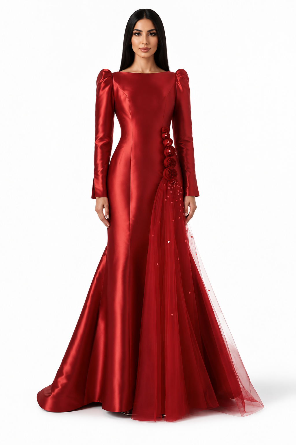 Floral Tulle Mermaid Gown - Scarlet