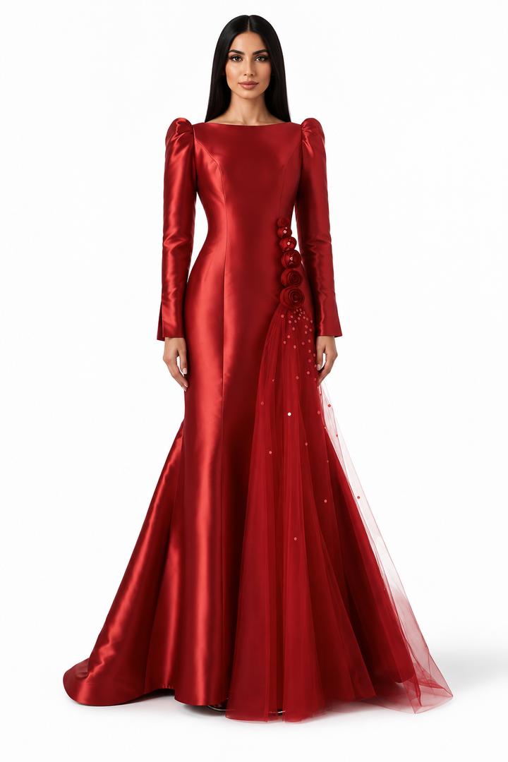 Floral Tulle Mermaid Gown - Scarlet
