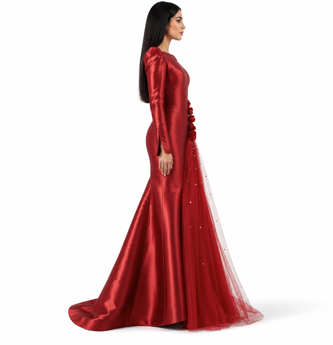 Floral Tulle Mermaid Gown - Scarlet