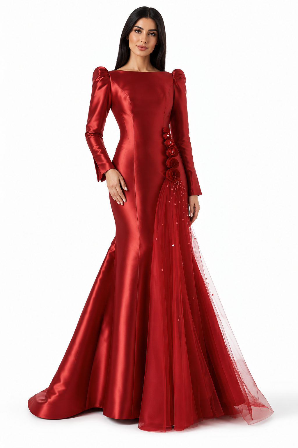 Floral Tulle Mermaid Gown - Scarlet