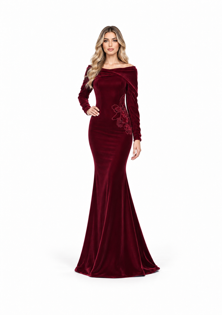 Velvet Floral Off-Shoulder Gown - Burgundy