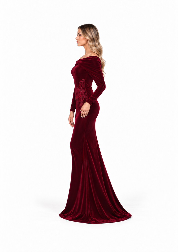 Velvet Floral Off-Shoulder Gown - Burgundy