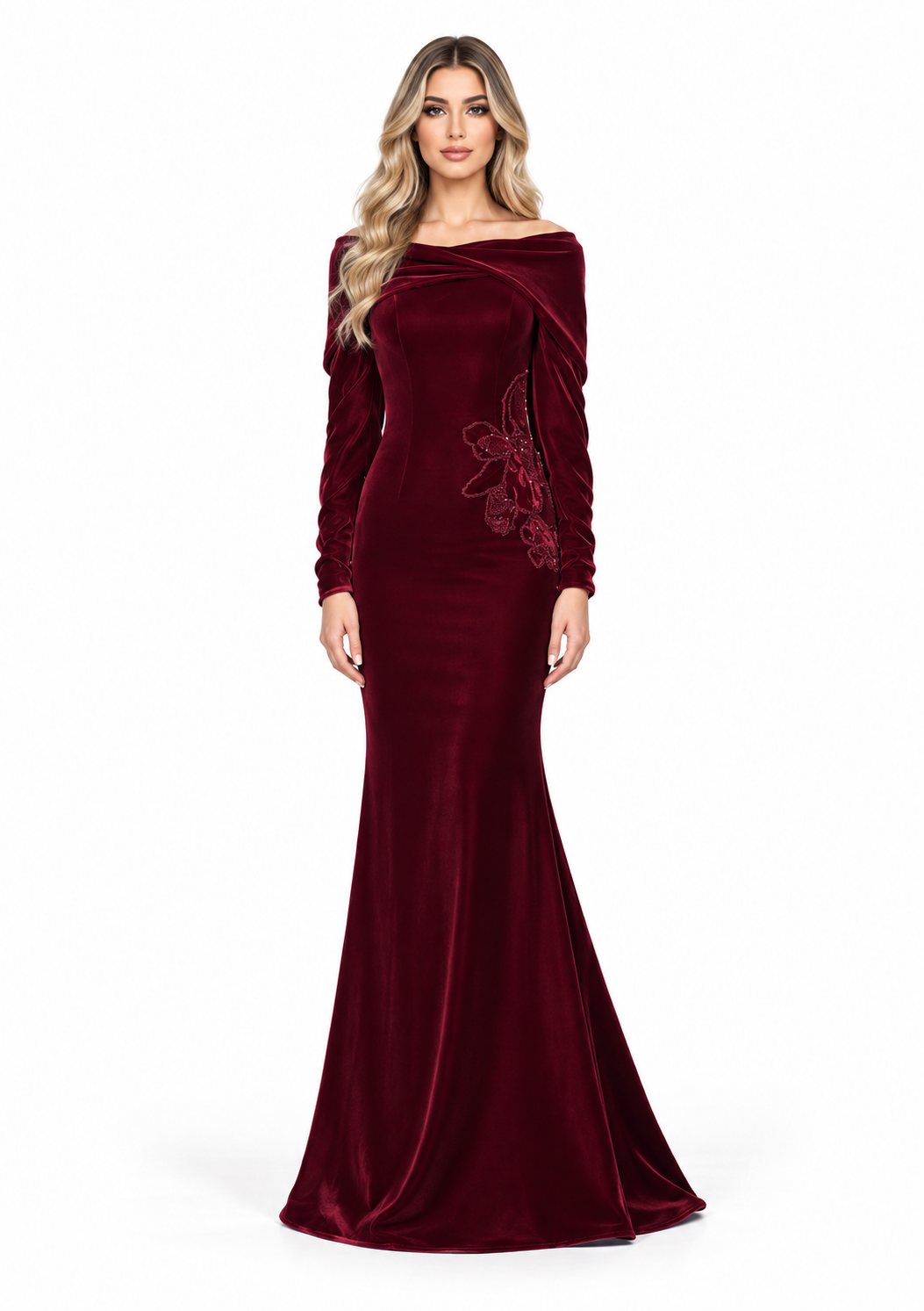 Velvet Floral Off-Shoulder Gown - Burgundy