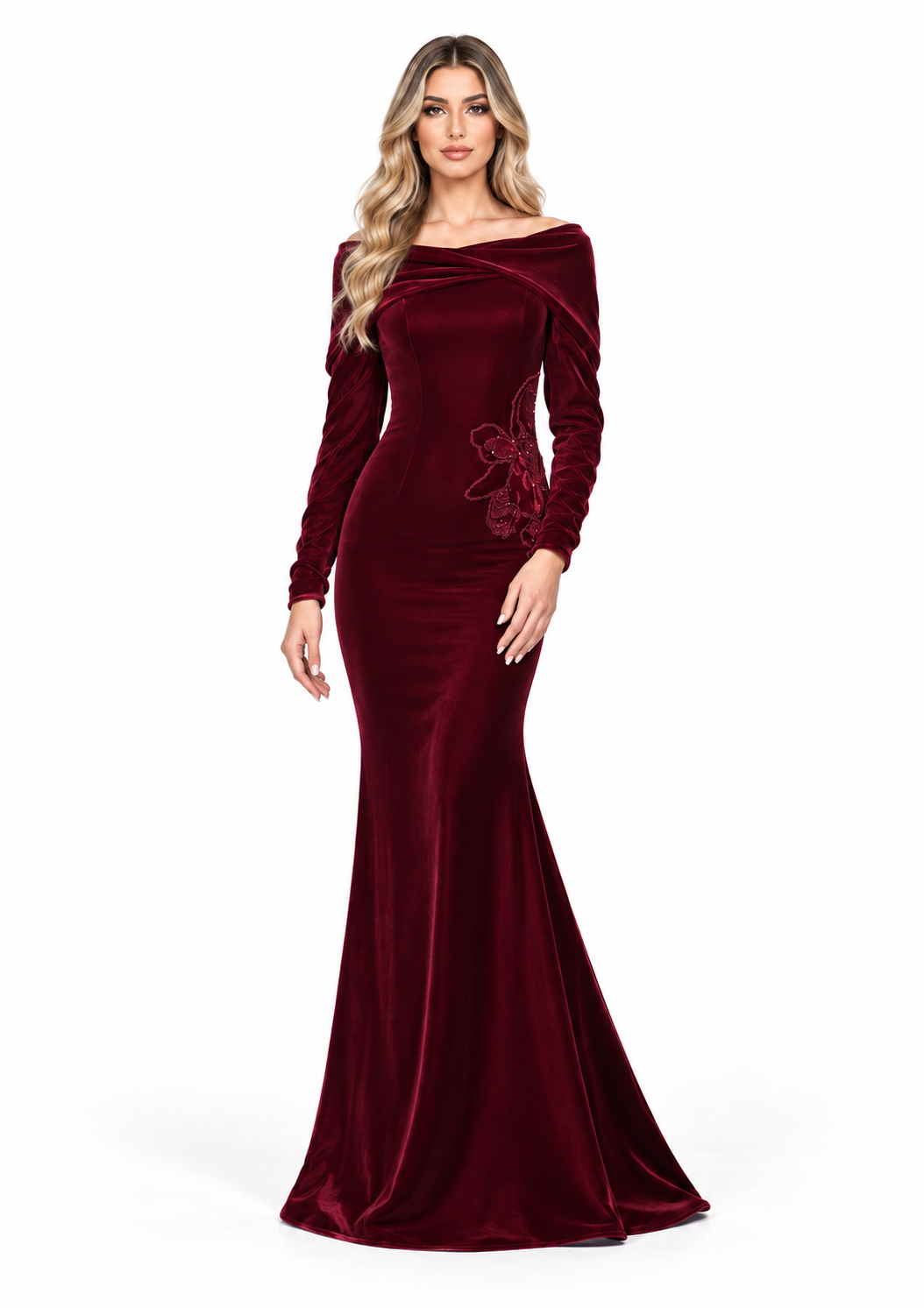 Velvet Floral Off-Shoulder Gown - Burgundy