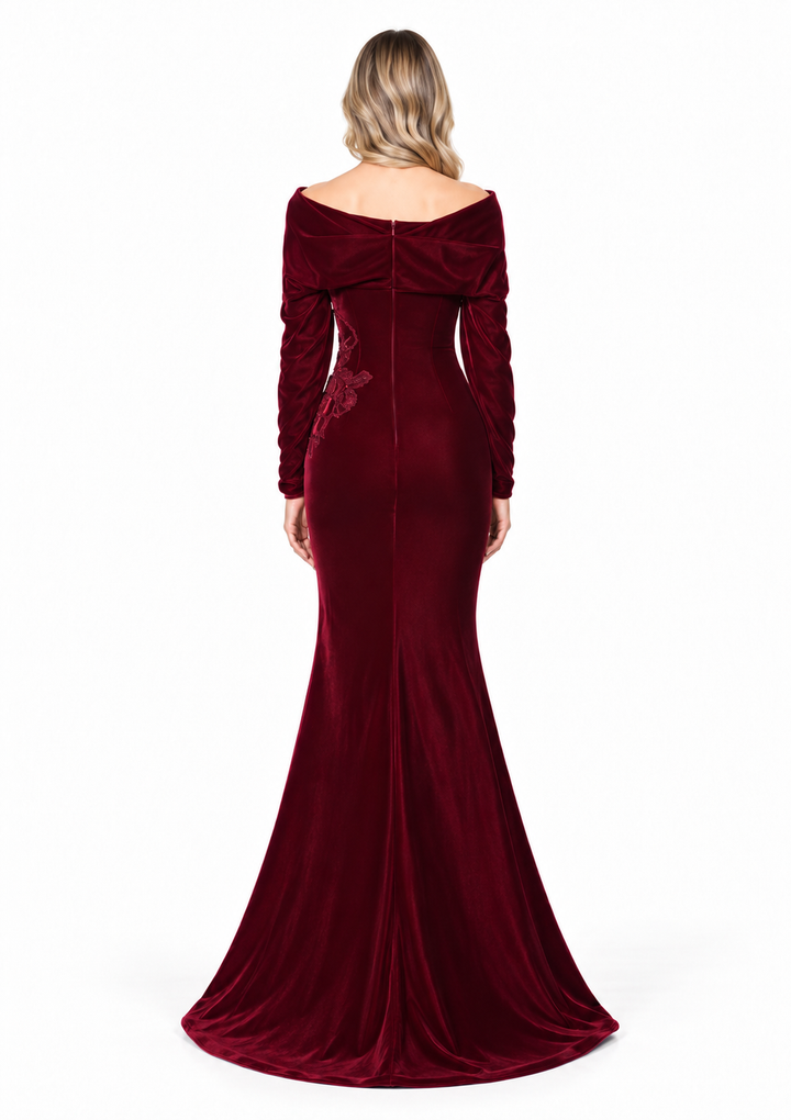 Velvet Floral Off-Shoulder Gown - Burgundy