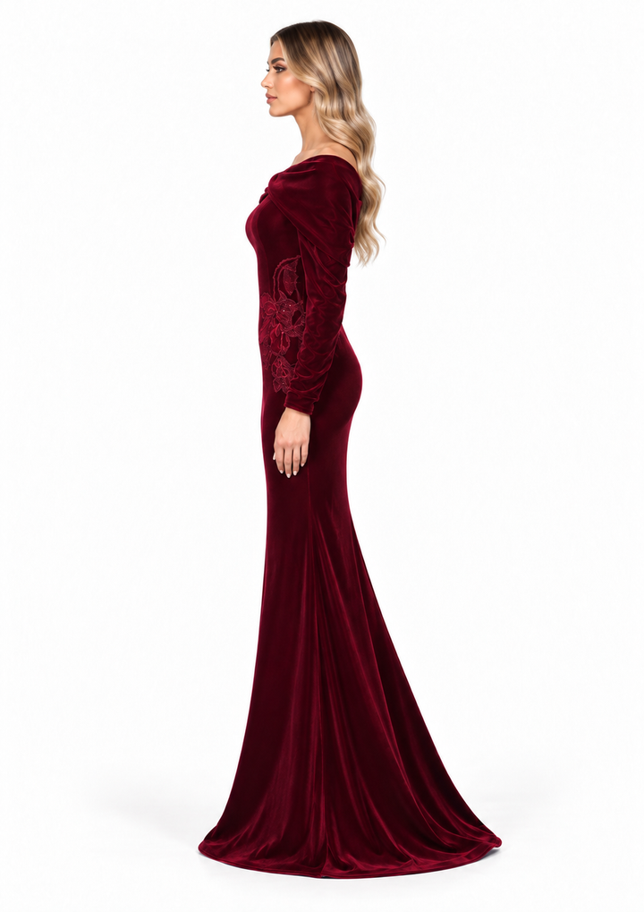 Velvet Floral Off-Shoulder Gown - Burgundy