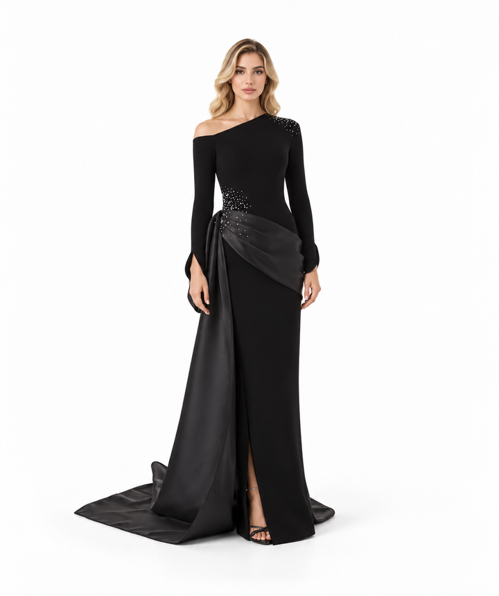 Crystal Draped Train Gown - Noir
