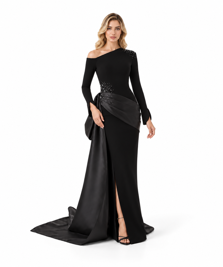 Crystal Draped Train Gown - Noir