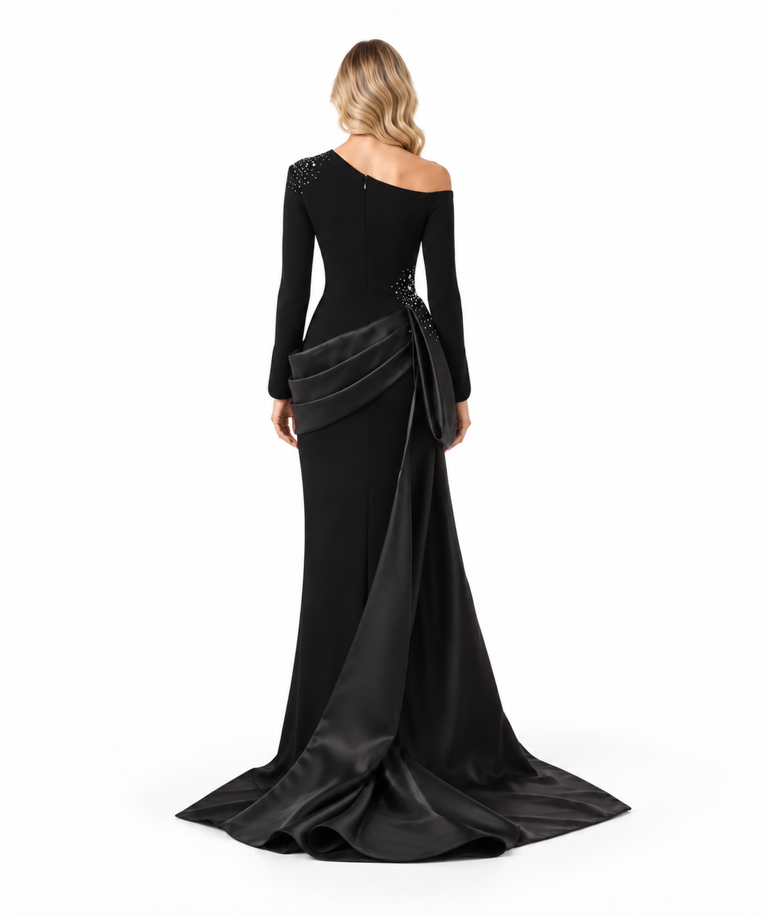 Crystal Draped Train Gown - Noir