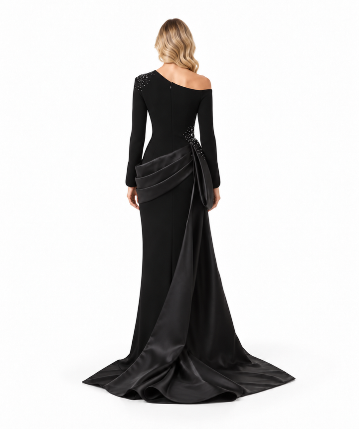 Crystal Draped Train Gown - Noir