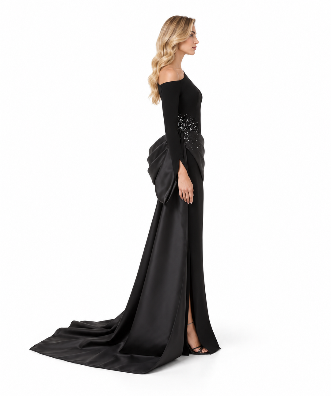 Crystal Draped Train Gown - Noir