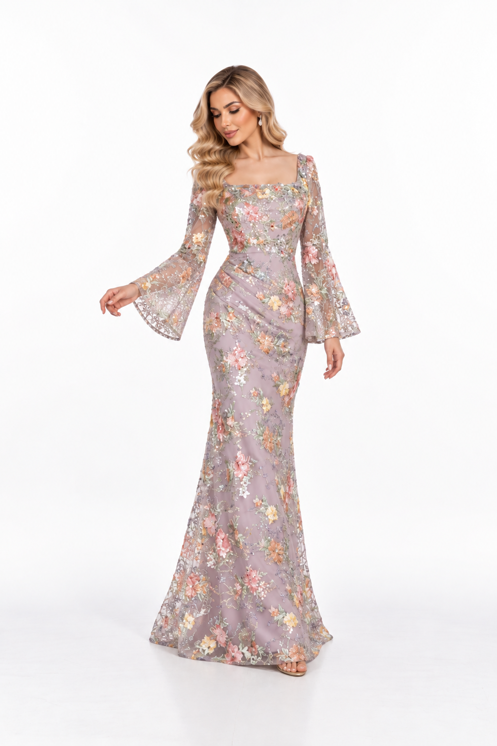 Floral Sequin Bell Sleeve Gown - Blossom