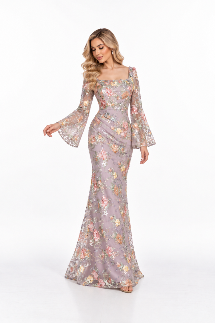 Floral Sequin Bell Sleeve Gown - Blossom