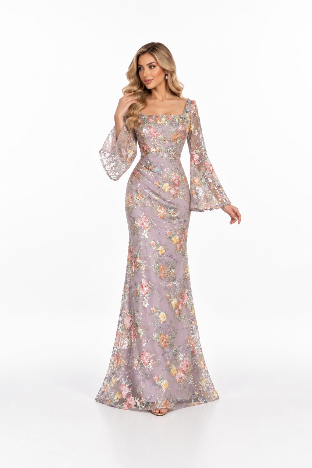 Floral Sequin Bell Sleeve Gown - Blossom