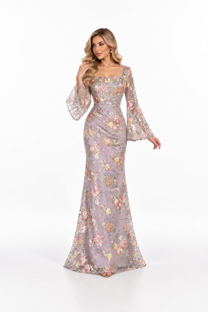 Floral Sequin Bell Sleeve Gown - Blossom