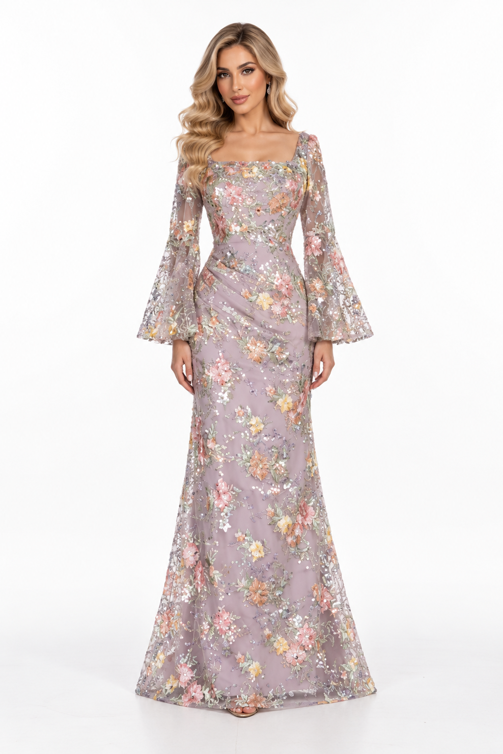 Floral Sequin Bell Sleeve Gown - Blossom