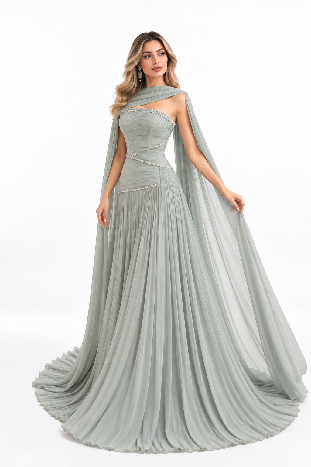 Crystal Draped Cape Gown - Sage