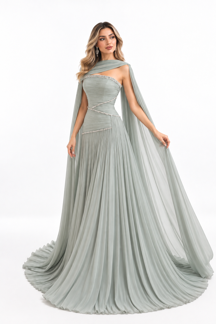 Crystal Draped Cape Gown - Sage