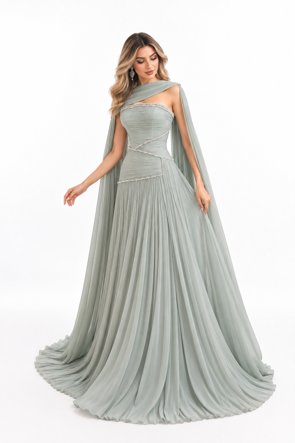 Crystal Draped Cape Gown - Sage