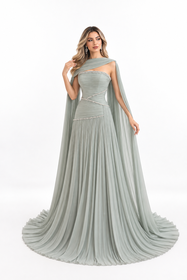 Crystal Draped Cape Gown - Sage